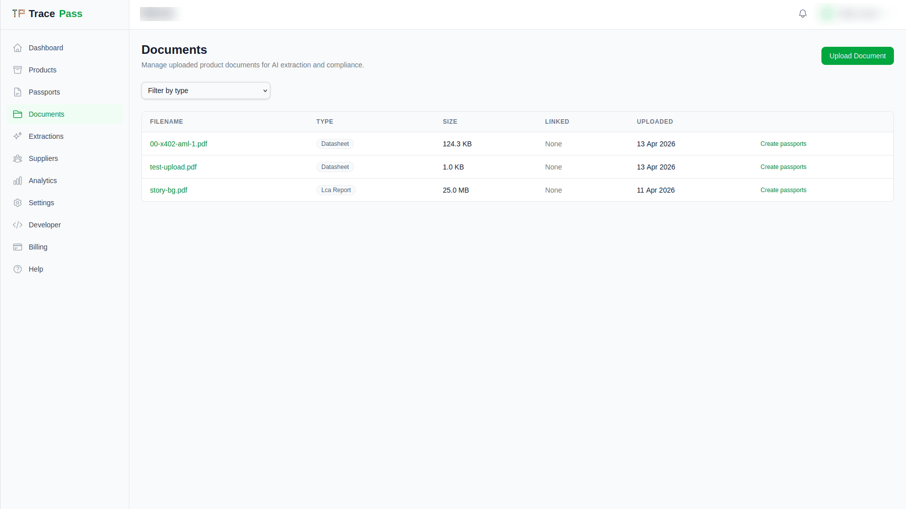 TracePass Documents screen — uploaded product datasheets and reports listed, ready for AI extraction