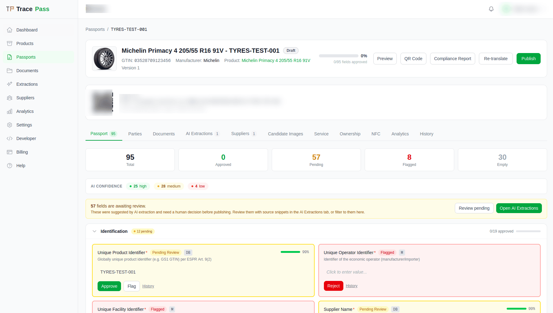 TracePass passport review screen — AI-extracted fields with confidence scores, approve and flag controls, and a GS1 Digital Link QR code